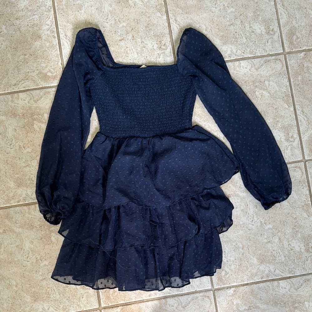 Blue Ruffled Tiered Cocktail Dress with Bishop Sleeves